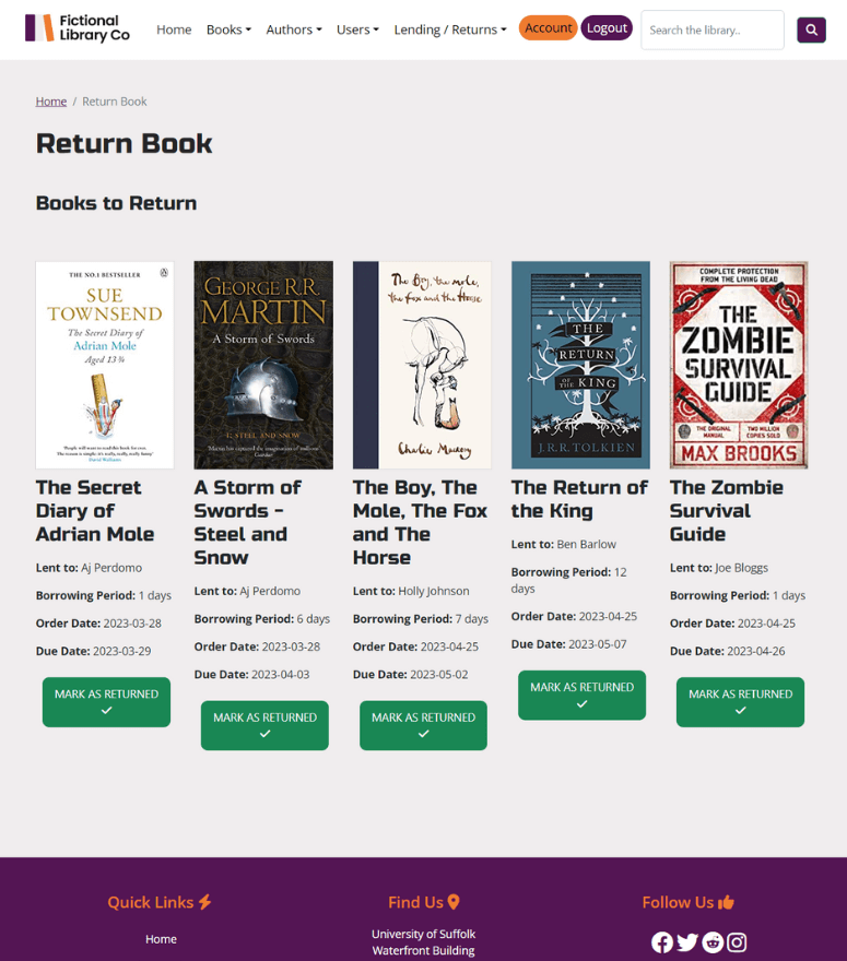 ictional library co website lending and returns